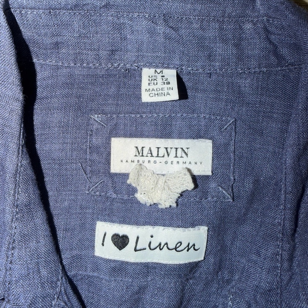 MALVIN 100% Linen Shirt Dress Blue Button Front Collared Midi‎ Womens M - Picture 3 of 7